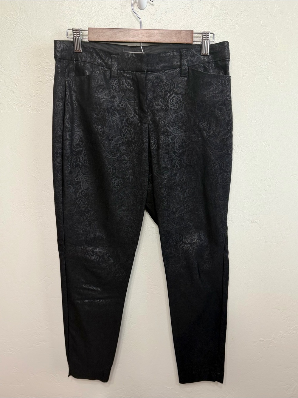 Black Brocade Paisley Ankle Pants Size Medium Short Stretch Dress Pants